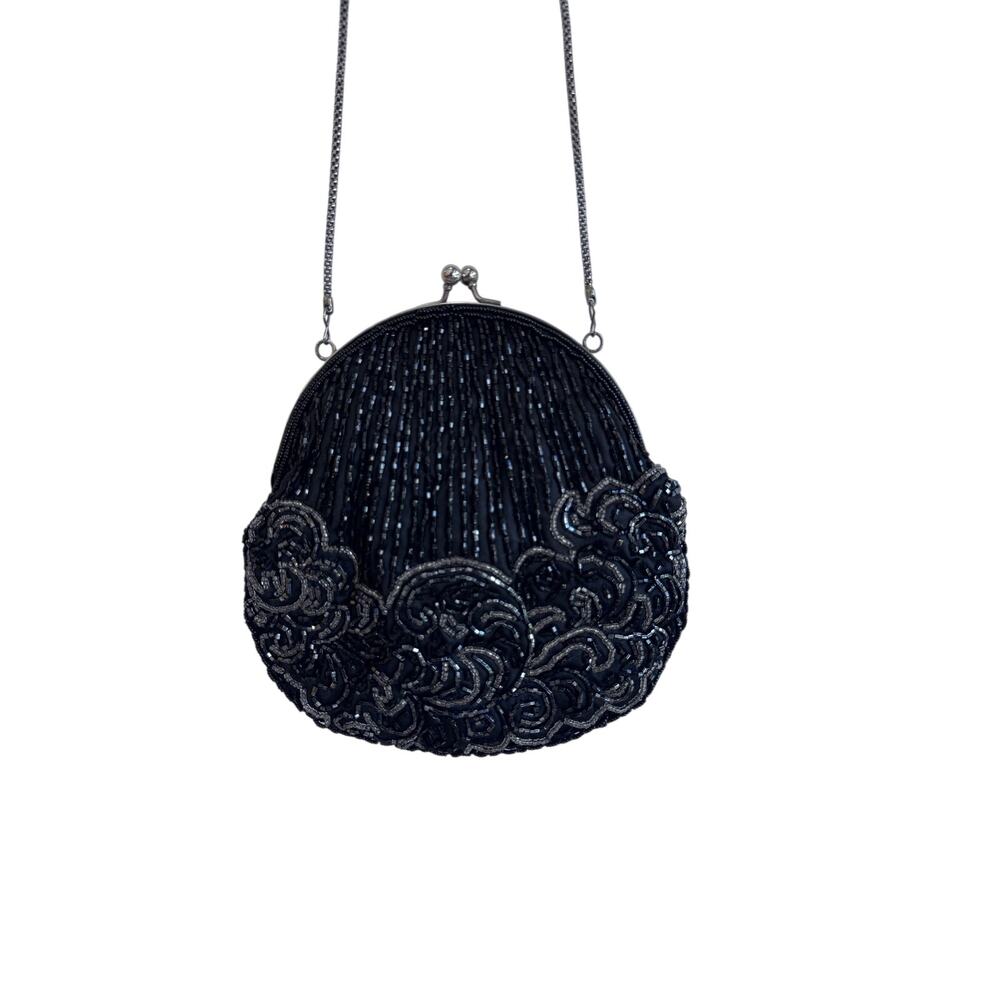 Vintage Black Beaded Crossbody Evening Bag Floral Kiss Lock Chain Strap Art Deco